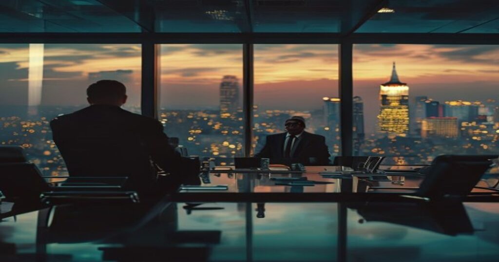 Media executive in a Los Angeles boardroom overlooking the city.