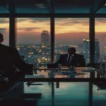 Media executive in a Los Angeles boardroom overlooking the city.