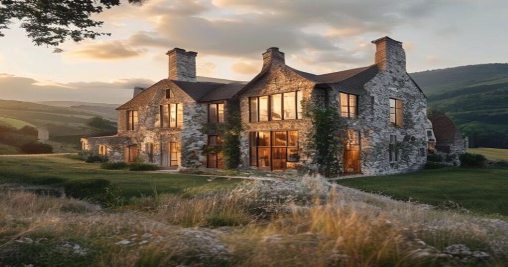 Exterior of Timothée Chalamet's $15M Cotswolds estate at sunset.