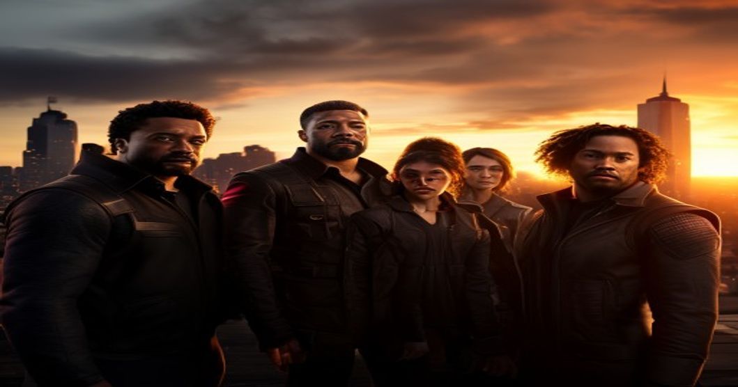 Marvel movie cast standing together in front of a city skyline at sunset