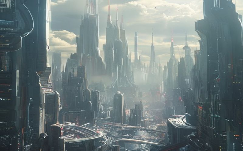 Concept art for the new Marvel movie featuring a futuristic cityscape
