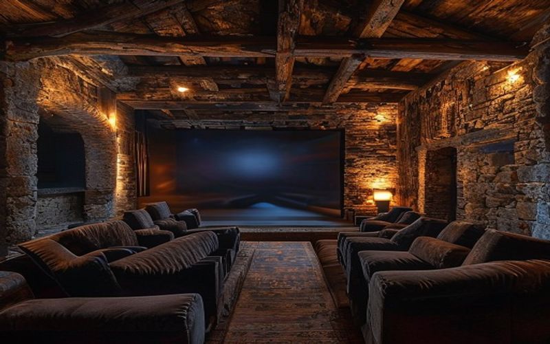 The soundproof home cinema inside the restored barn of the Chalamet residence.