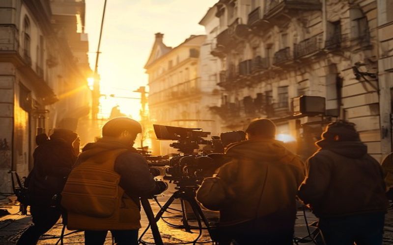 Film crew shooting on location in a European city to represent local content production.