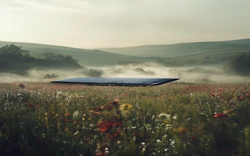 Wildflower meadows and sustainable solar technology on the Cotswolds property.