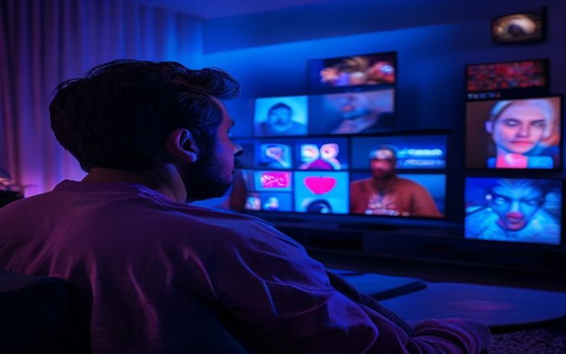 A person viewing various streaming apps on a TV screen, representing subscription fatigue.