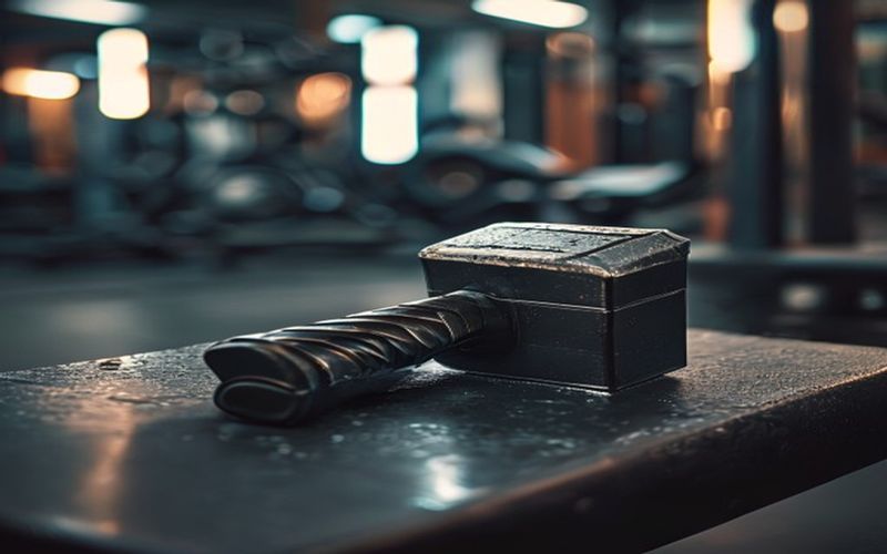 Detailed shot of Thor's hammer Mjolnir in a gym setting.