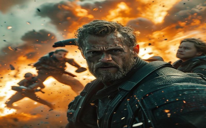 Dramatic action sequence from the new Marvel movie featuring Chris Hemsworth and Brie Larson