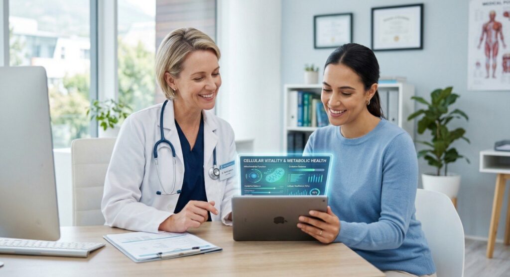 A medical professional explaining understanding cancer concepts with clear evidence-based facts and hope